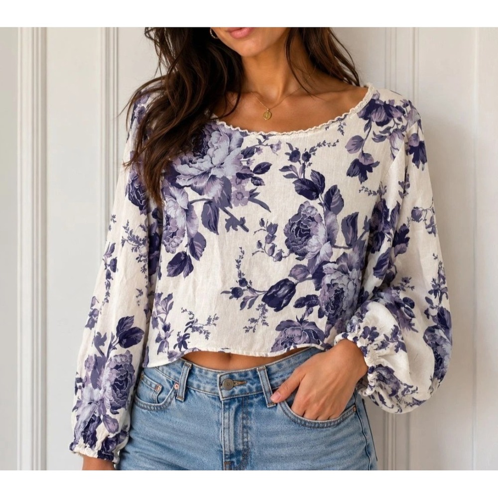 NEW Laura Ashley Floral Crop Top Blouse Linen Balloon Sleeve Back Button Size XL